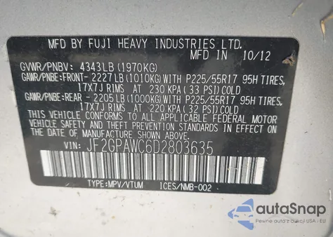 2013 Subaru Xv Crosstrek 2.0I Premium из США, поврежденный, VIN JF2GPAWC6D2803635